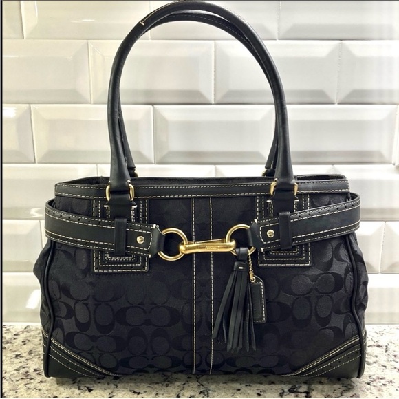 Coach Black Signature Shoulder Bag with Gold Accents